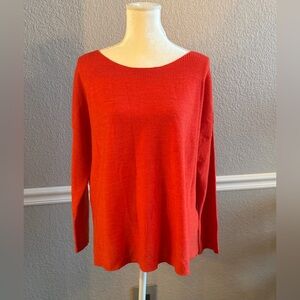 Eileen Fisher 100% Merino Wool Boat Neck Sweater Red Orange L Italian Yarn